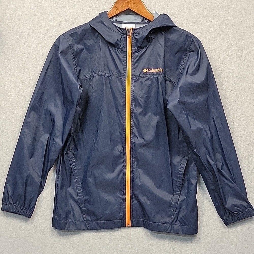Columbia Jacket Boys Large 14/16 Full Zip Hooded Snow Shell Rain Wind Navy EUC